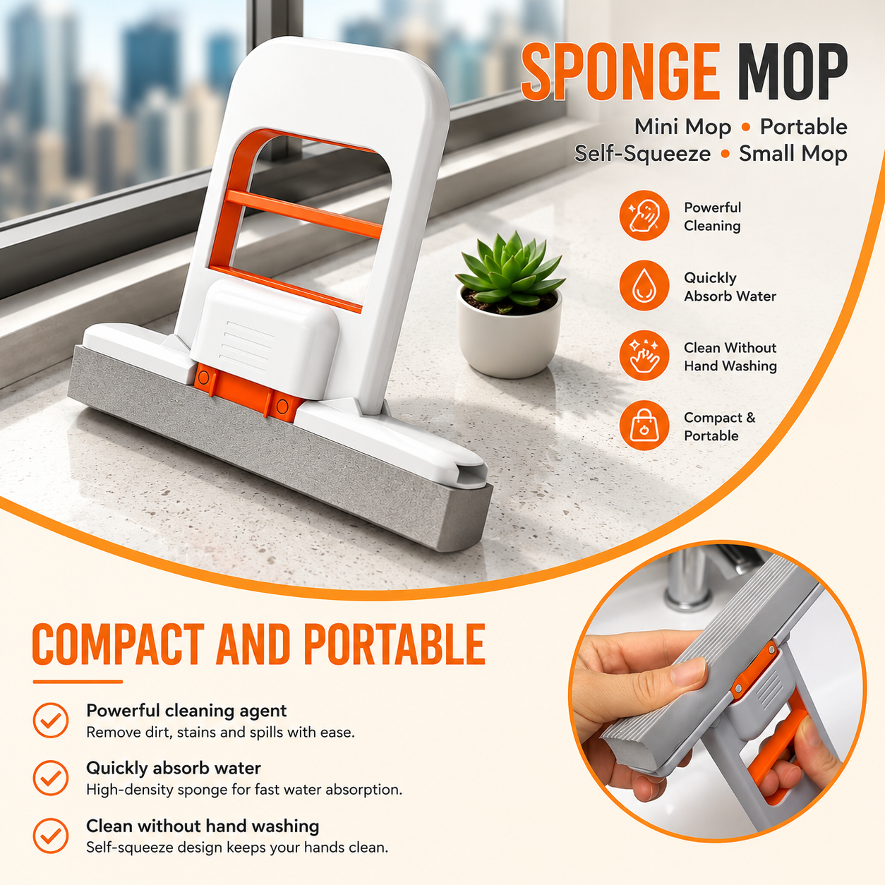 Multi-Functional Mini Foldable Sponge Mop | Self-Squeezing Cleaning Mop