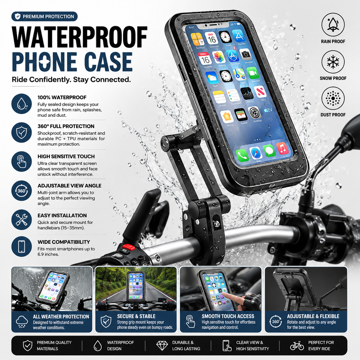 360° Waterproof Bike & Motorcycle Phone Holder – Touch Screen Mobile Mount