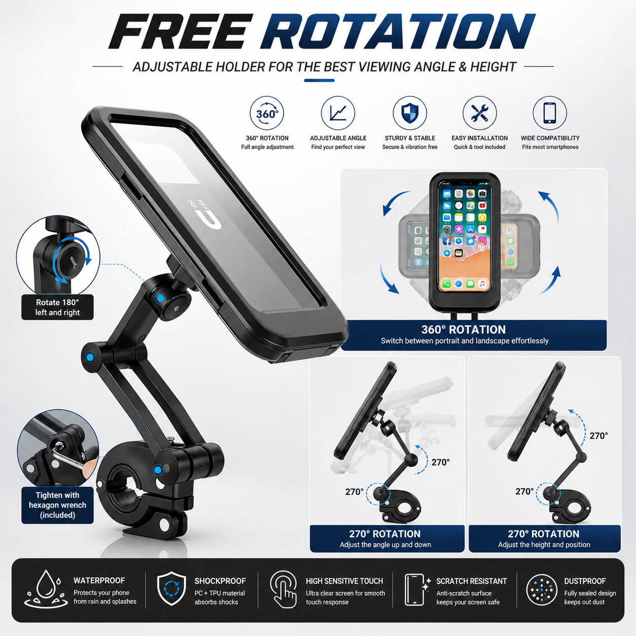 360° Waterproof Bike & Motorcycle Phone Holder – Touch Screen Mobile Mount