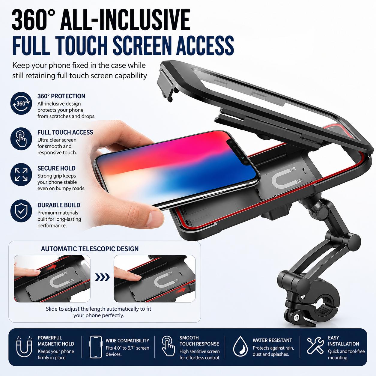 360° Waterproof Bike & Motorcycle Phone Holder – Touch Screen Mobile Mount
